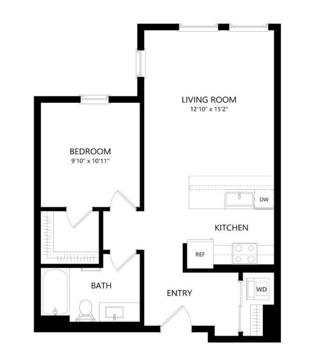 Rendering of the A8 floor plan with 1 bedroom[s] and 1 bathroom[s] at Windsor Queen Anne