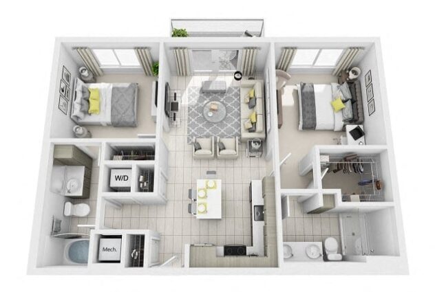 Rendering of the B1 floor plan with 2 bedroom[s] and 2 bathroom[s] at Windsor at Pembroke Gardens