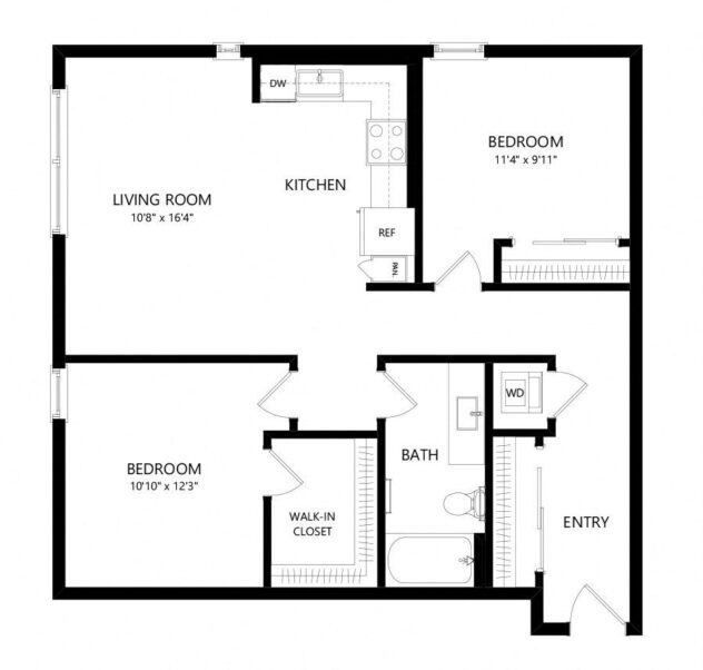 Rendering of the B1 floor plan with 2 bedroom[s] and 1 bathroom[s] at Windsor Queen Anne