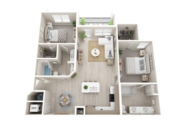 Rendering of the B1 floor plan with 2 bedroom[s] and 2 bathroom[s] at Windsor Clearwater