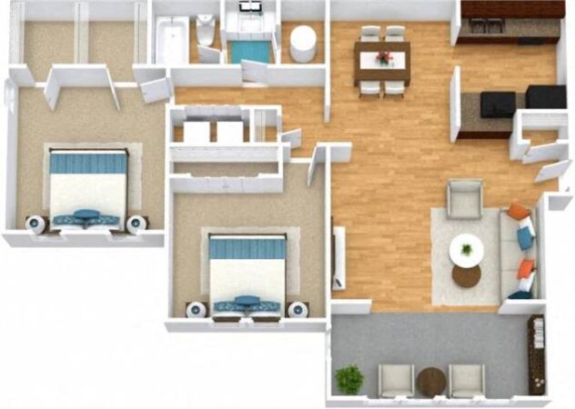 Rendering of the B1 floor plan with 2 bedroom[s] and 1 bathroom[s] at Windsor Peachtree Corners