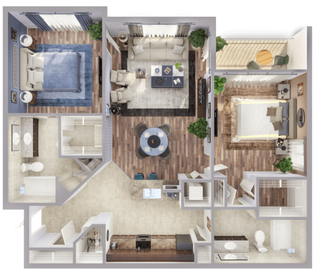 Rendering of the B1 floor plan with 2 bedroom[s] and 2 bathroom[s] at Windsor Biscayne Shores