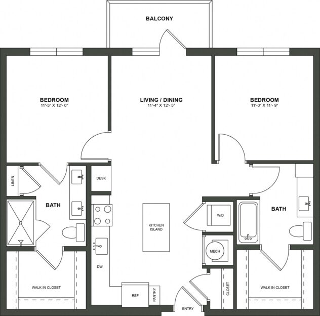 Rendering of the B1 floor plan with 2 bedroom[s] and 2 bathroom[s] at High Street