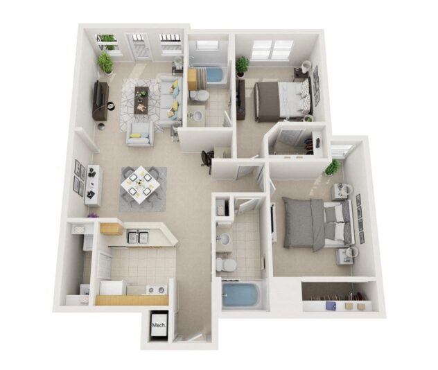 Rendering of the B1 Cezanne - Attached Garage floor plan with 2 bedroom[s] and 2 bathroom[s] at Windsor Highwoods Preserve