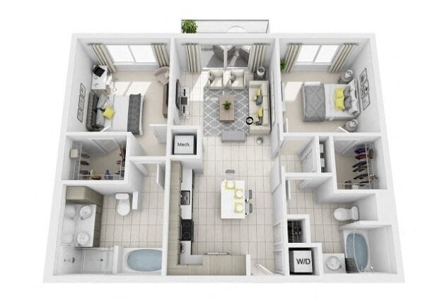 Rendering of the B2 floor plan with 2 bedroom[s] and 2 bathroom[s] at Windsor at Pembroke Gardens