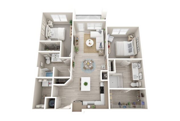 Rendering of the B2 floor plan with 2 bedroom[s] and 2 bathroom[s] at Windsor Clearwater