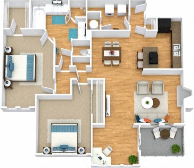 Rendering of the B2 floor plan with 2 bedroom[s] and 1 bathroom[s] at Windsor Peachtree Corners