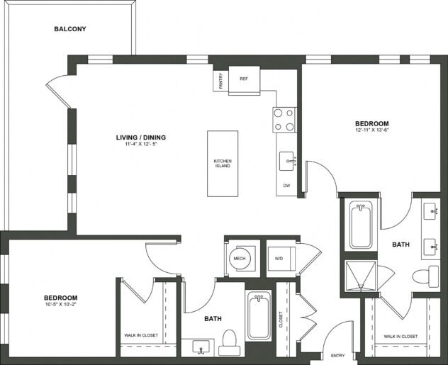 Rendering of the B2 floor plan with 2 bedroom[s] and 2 bathroom[s] at High Street