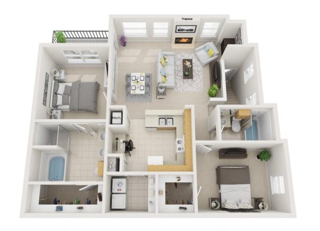 Rendering of the B2 Picasso - Attached Garage floor plan with 2 bedroom[s] and 2 bathroom[s] at Windsor Highwoods Preserve