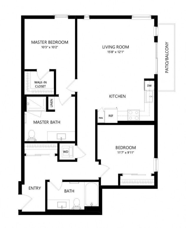 Rendering of the B3 floor plan with 2 bedroom[s] and 2 bathroom[s] at Windsor Queen Anne