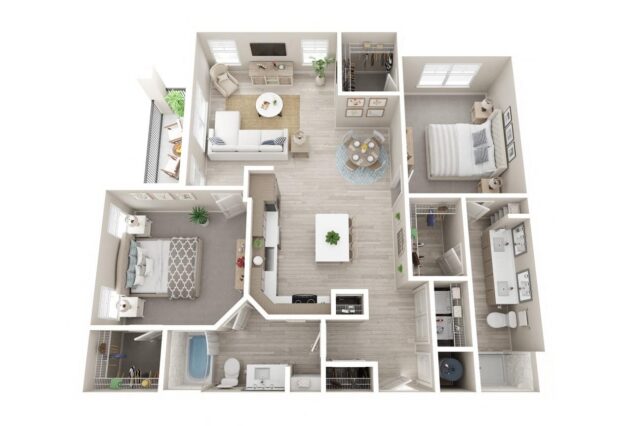 Rendering of the B3 floor plan with 2 bedroom[s] and 2 bathroom[s] at Windsor Clearwater