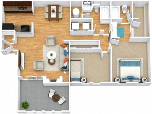 Rendering of the B3 floor plan with 2 bedroom[s] and 2 bathroom[s] at Windsor Peachtree Corners