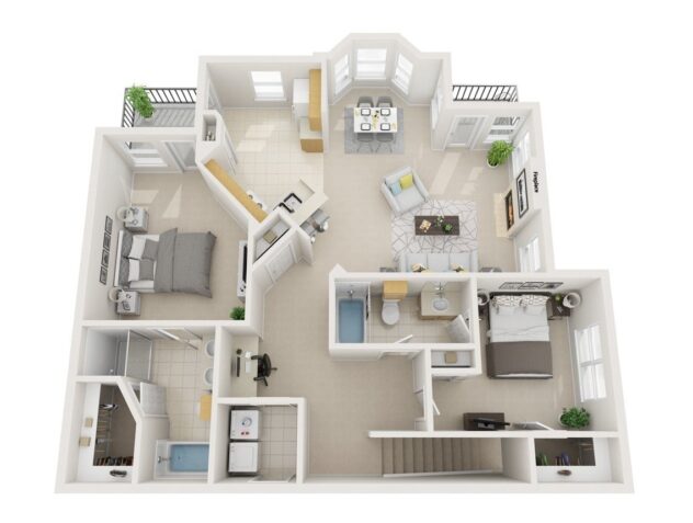 Rendering of the B3 Raphael - Attached Garage floor plan with 2 bedroom[s] and 2 bathroom[s] at Windsor Highwoods Preserve