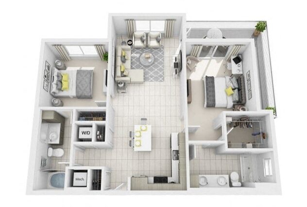 Rendering of the B4 floor plan with 2 bedroom[s] and 2 bathroom[s] at Windsor at Pembroke Gardens