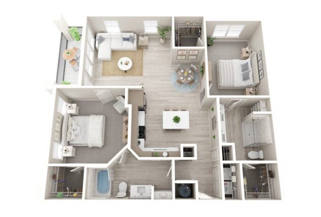 Rendering of the B4 floor plan with 2 bedroom[s] and 2 bathroom[s] at Windsor Clearwater