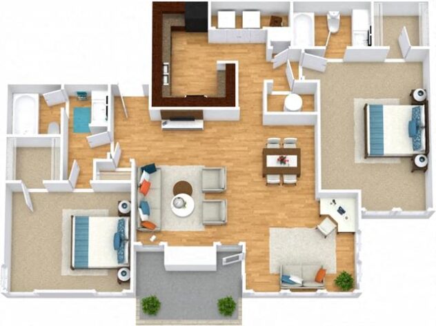 Rendering of the B4 floor plan with 2 bedroom[s] and 2 bathroom[s] at Windsor Peachtree Corners