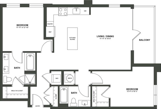 Rendering of the B4 floor plan with 2 bedroom[s] and 2 bathroom[s] at High Street