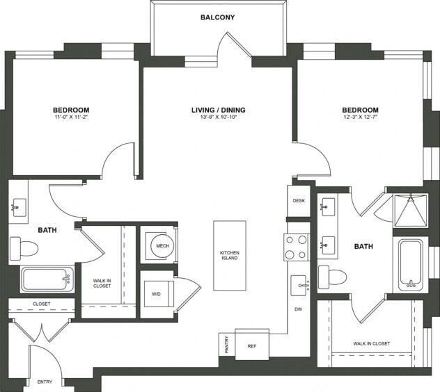 Rendering of the B5 floor plan with 2 bedroom[s] and 2 bathroom[s] at High Street