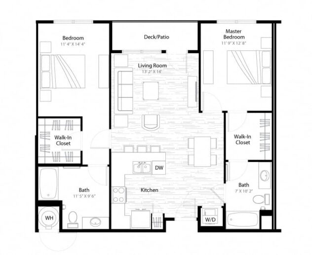 Rendering of the Broadway floor plan with 2 bedroom[s] and 2 bathroom[s] at Windsor at Broadway Station