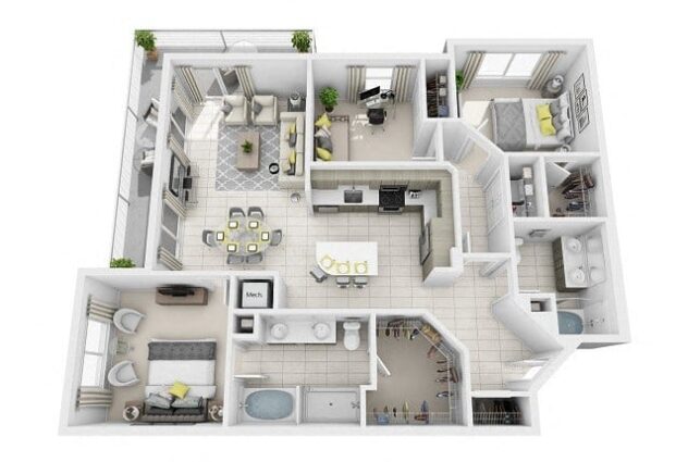 Rendering of the C1 floor plan with 3 bedroom[s] and 2 bathroom[s] at Windsor at Pembroke Gardens