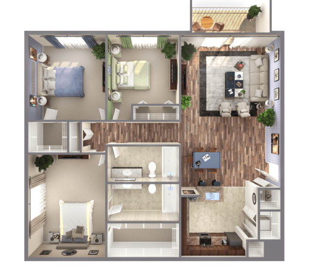 Rendering of the C1 floor plan with 3 bedroom[s] and 2 bathroom[s] at Windsor Biscayne Shores