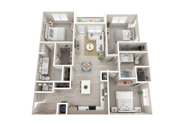 Rendering of the C2 floor plan with 3 bedroom[s] and 2 bathroom[s] at Windsor Clearwater