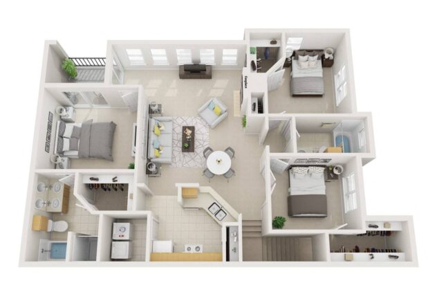 Rendering of the C2 Renoir - Attached Garage floor plan with 3 bedroom[s] and 2 bathroom[s] at Windsor Highwoods Preserve