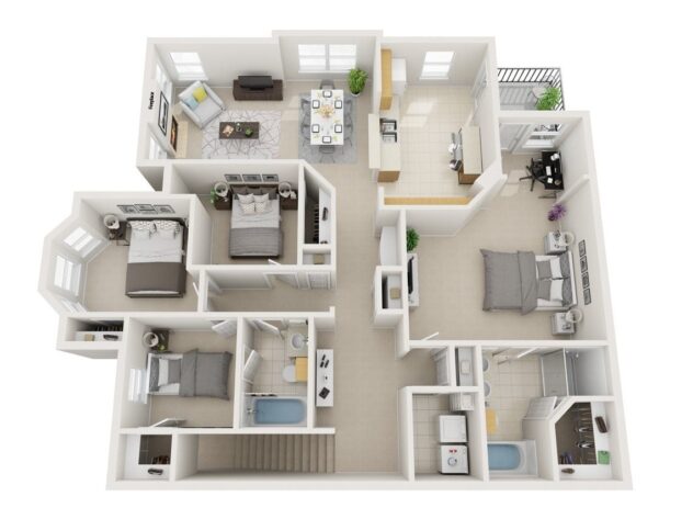 Rendering of the D1 Vangogh - Attached Garage floor plan with 4 bedroom[s] and 2 bathroom[s] at Windsor Highwoods Preserve