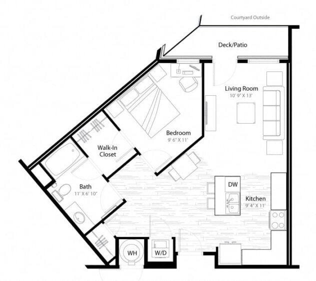 Rendering of the Emerson floor plan with 1 bedroom[s] and 1 bathroom[s] at Windsor at Broadway Station