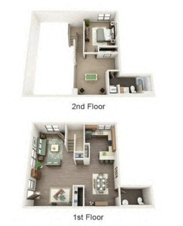 Rendering of the L2 floor plan with 1 bedroom[s] and 1.5 bathroom[s] at Platform 14