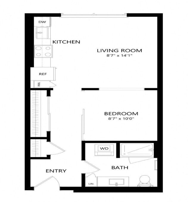 Rendering of the O2 floor plan with 1 bedroom[s] and 1 bathroom[s] at Windsor Queen Anne