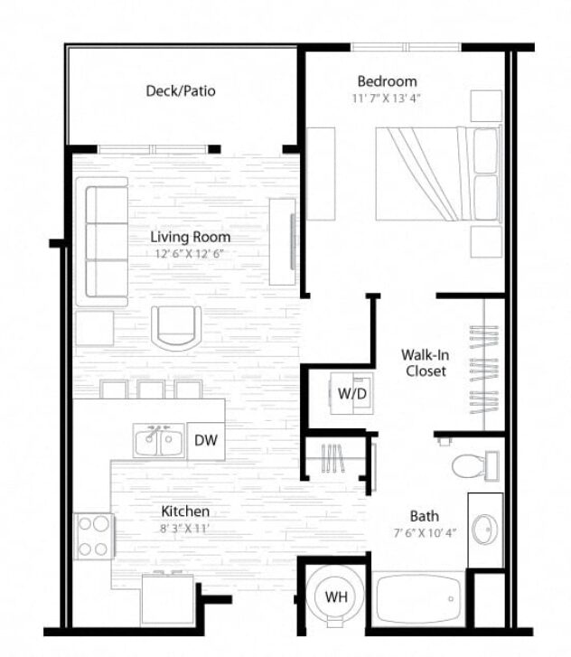 Rendering of the Pearl floor plan with 1 bedroom[s] and 1 bathroom[s] at Windsor at Broadway Station