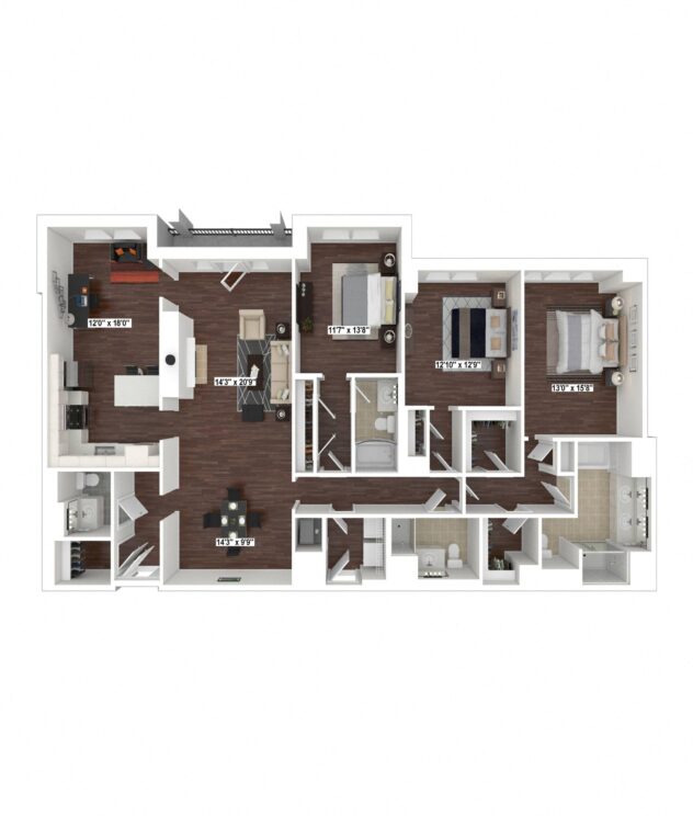 Rendering of the PH10 floor plan with 3 bedroom[s] and 3.5 bathroom[s] at The Woodley