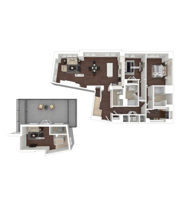 Rendering of the PH13 floor plan with 2 bedroom[s] and 2.5 bathroom[s] at The Woodley