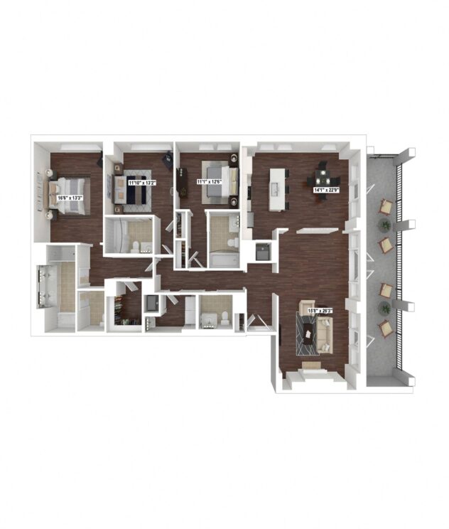 Rendering of the PH15 floor plan with 3 bedroom[s] and 3.5 bathroom[s] at The Woodley