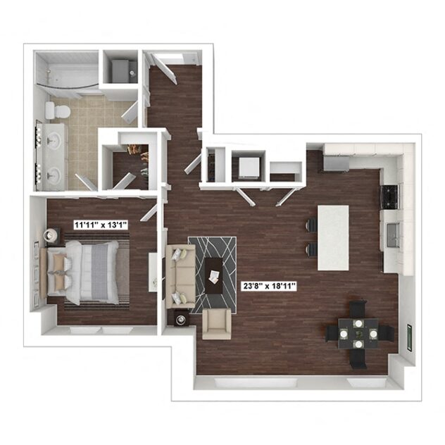 Rendering of the PH3 floor plan with 1 bedroom[s] and 1 bathroom[s] at The Woodley