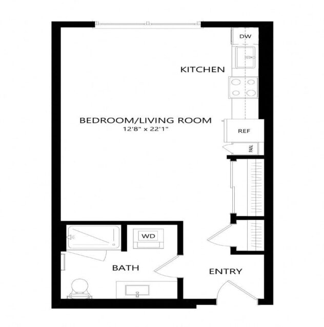 Rendering of the S1 floor plan with a Studio bedroom and 1 bathroom[s] at Windsor Queen Anne