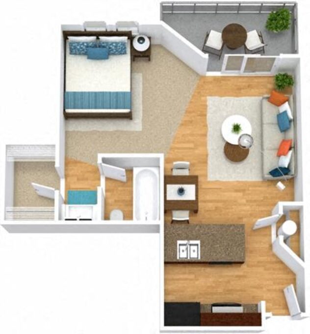 Rendering of the S1 floor plan with a Studio bedroom and 1 bathroom[s] at Windsor Peachtree Corners