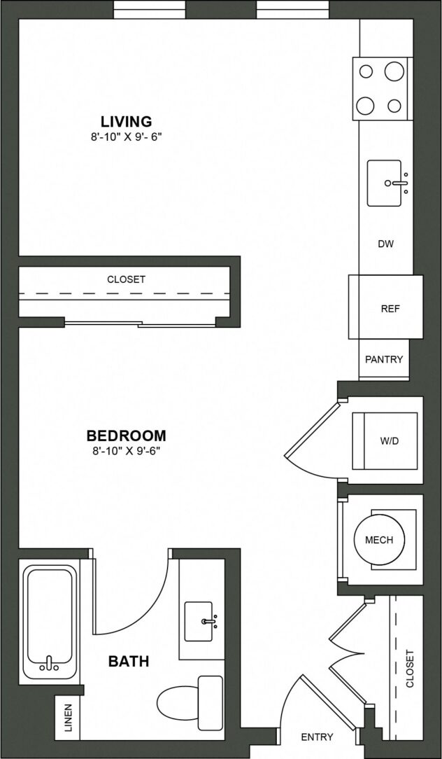 Rendering of the S1 floor plan with a Studio bedroom and 1 bathroom[s] at High Street