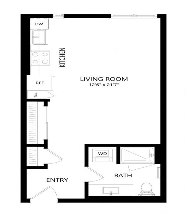 Rendering of the S2 floor plan with a Studio bedroom and 1 bathroom[s] at Windsor Queen Anne