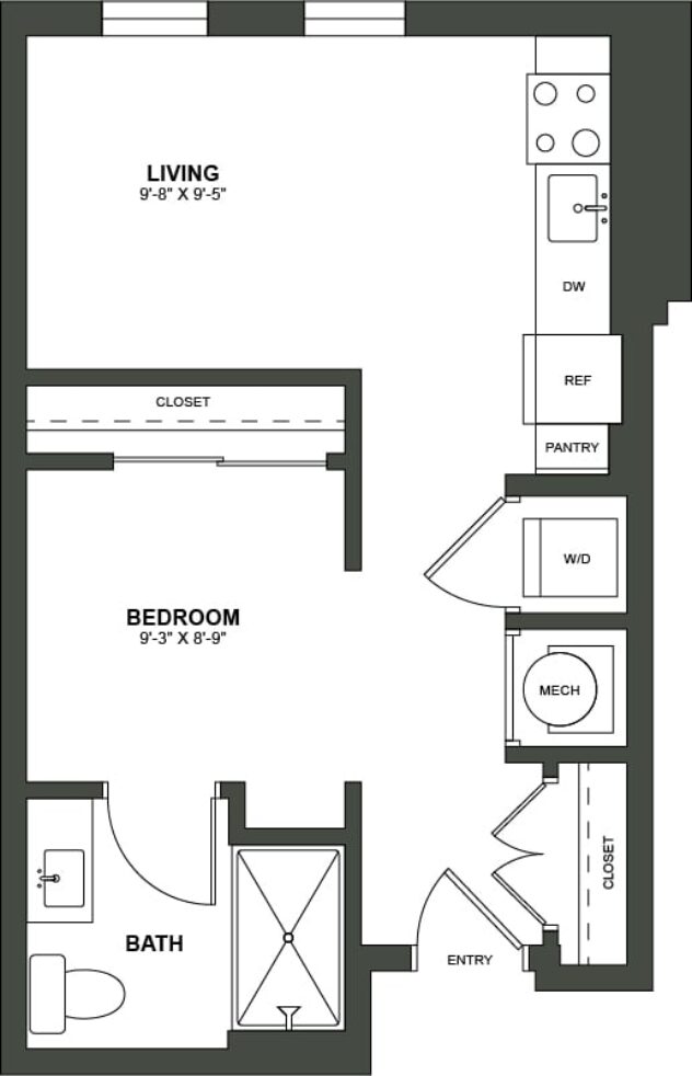 Rendering of the S2 floor plan with a Studio bedroom and 1 bathroom[s] at High Street