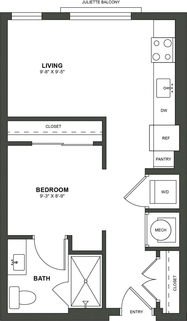 Rendering of the S3 floor plan with a Studio bedroom and 1 bathroom[s] at High Street