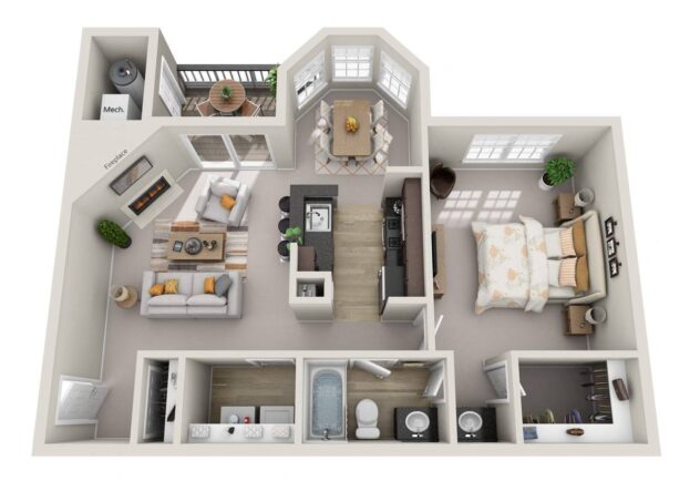 Rendering of the The Ashley (A1) floor plan with 1 bedroom[s] and 1 bathroom[s] at Windsor Kingstowne