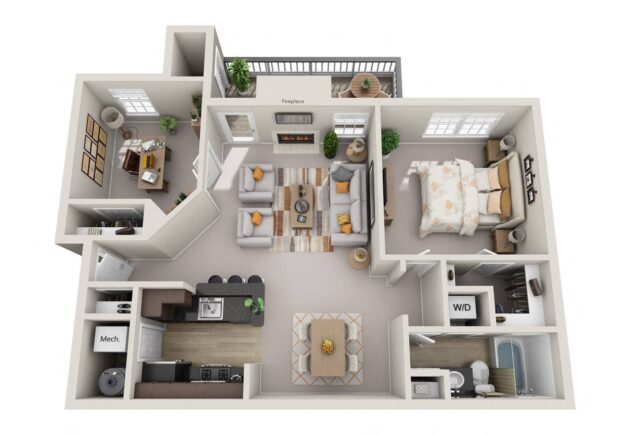 Rendering of the The Avon (A2) floor plan with 1 bedroom[s] and 1 bathroom[s] at Windsor Kingstowne