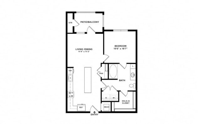 Rendering of the The Bay - A1 floor plan with 1 bedroom[s] and 1 bathroom[s] at Windsor Lakeyard District