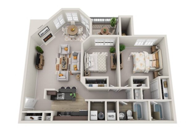 Rendering of the The Bradford (B2) floor plan with 2 bedroom[s] and 2 bathroom[s] at Windsor Kingstowne