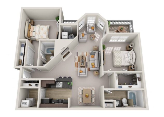 Rendering of the The Bridgewater (B4) floor plan with 2 bedroom[s] and 2 bathroom[s] at Windsor Kingstowne