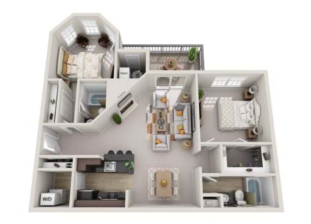 Rendering of the The Brookfield (B3) floor plan with 2 bedroom[s] and 2 bathroom[s] at Windsor Kingstowne