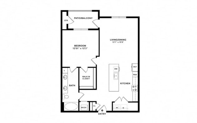 Rendering of the The Harbor - A5 floor plan with 1 bedroom[s] and 1 bathroom[s] at Windsor Lakeyard District