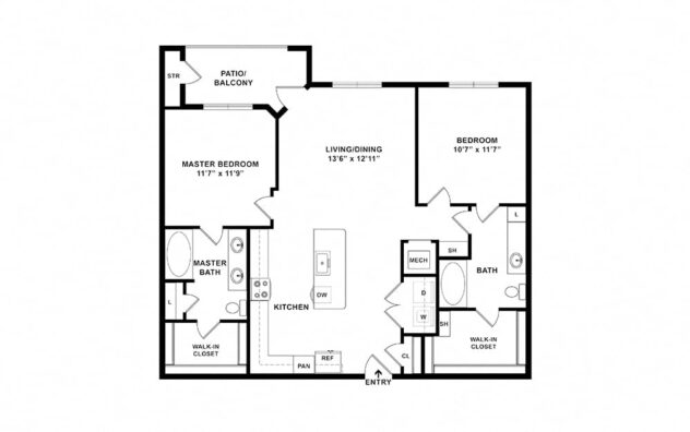 Rendering of the The Lakeyard - B1 floor plan with 2 bedroom[s] and 2 bathroom[s] at Windsor Lakeyard District